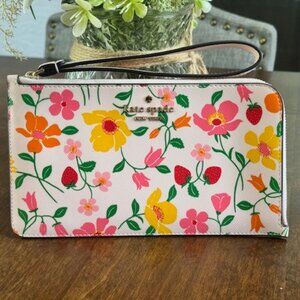 Kate Spade Strawberry Garden Medium L-zip Lucy Wristlet Pink Multi Floral